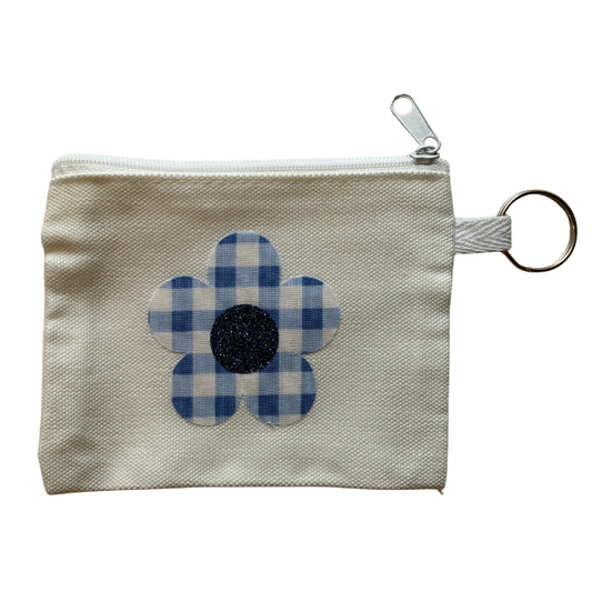 Blue Gingham Flower Small Zipper Pouch